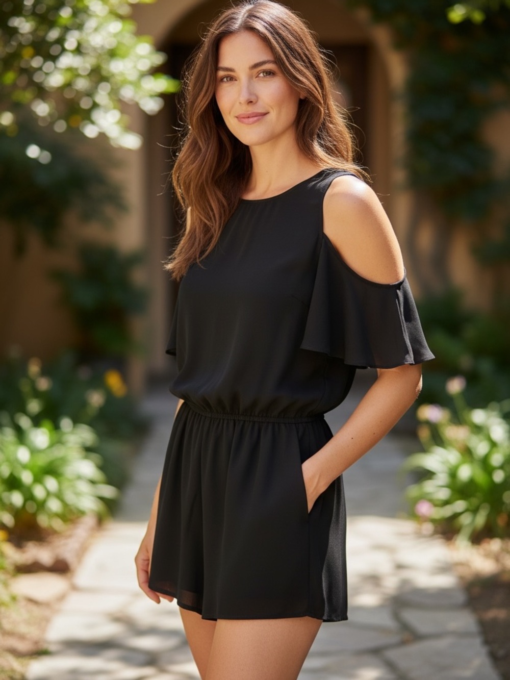 BCX Black Cold-Shoulder Ruffle Romper